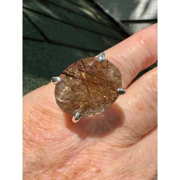 Copper Rutile Quartz Crystal Ring Sterling 925 Silver Statement Cocktail Sz 6.5 - Picture 3 of 11
